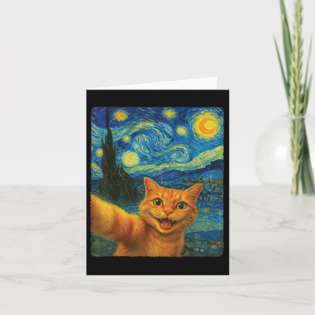 Tarjeta Naranja Cat Starry Night Van Gogh Selfie Cat Mom C (Anverso)