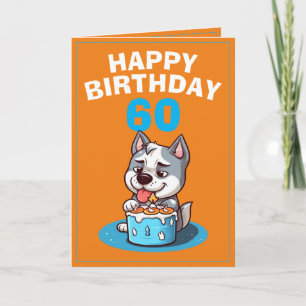 Tarjeta Naranja Cute y Marido Husky Azul 60 cumpleaños