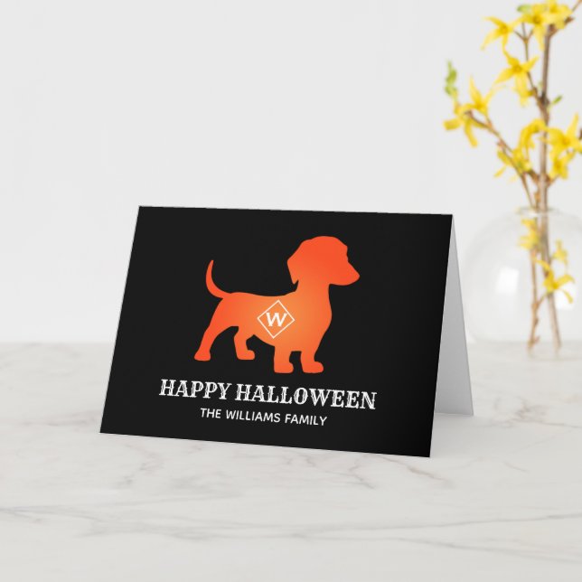 Tarjeta Naranja Dachshund Feliz Halloween (flor amarilla)
