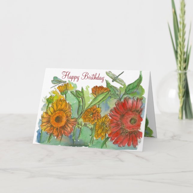 Tarjeta Naranja Daisy Flowers Dragonfly Feliz cumpleaños (Anverso)