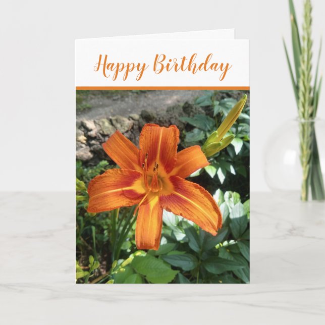 Tarjeta Naranja Daylily Photo Happy Birday (Anverso)