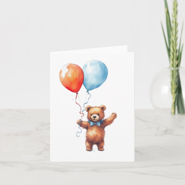 Tarjeta Naranja de acuarela y oso azul de los globos de cu (Anverso)