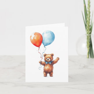 Tarjeta Naranja de acuarela y oso azul de los globos de cu