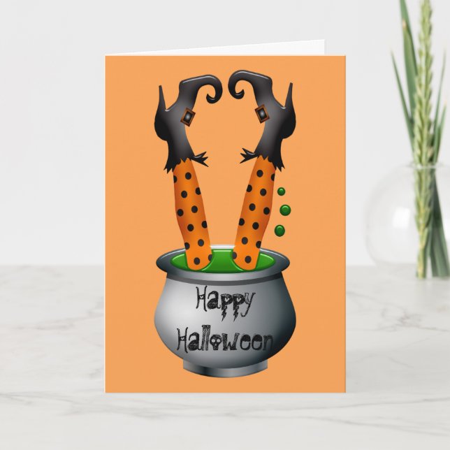 Tarjeta Naranja de brujas divertida tema de Halloween (Anverso)