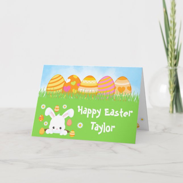 Tarjeta Naranja de conejo y huevos rosados Feliz Pascua (Anverso)