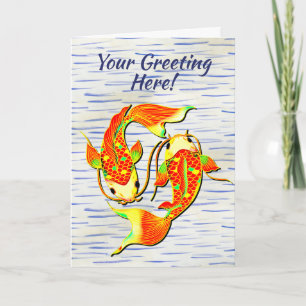 Tarjeta Naranja de pescado Koi Carp Green en cumpleaños