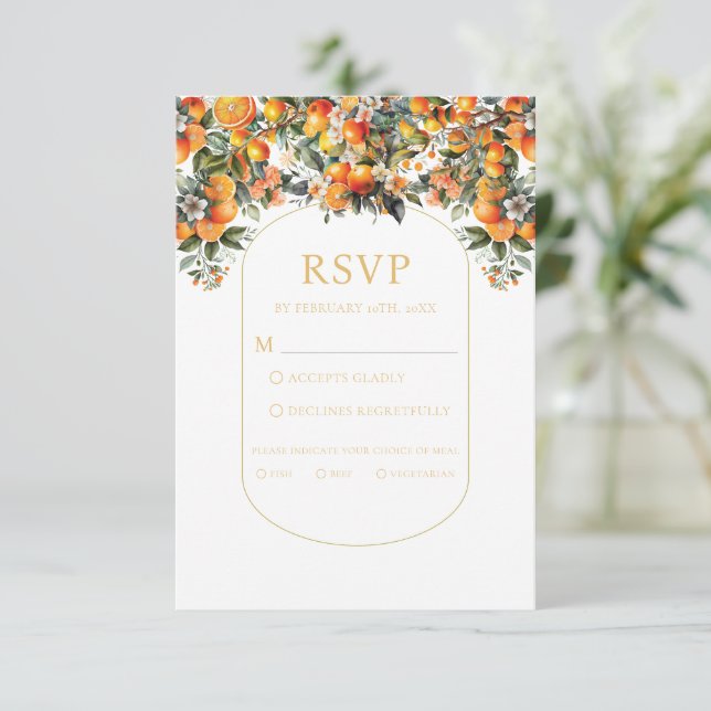 Tarjeta Naranja de verano Boda Rsvp con Elección de Comida (Anverso de pie)