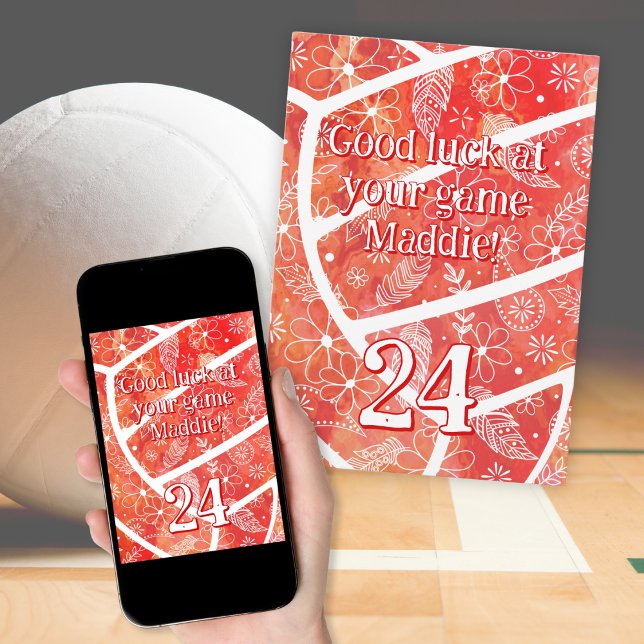 Tarjeta naranja deportivo boho voleibol floral buena suert (Flat card with phone mockup)
