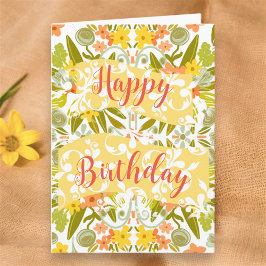 Tarjeta Naranja floral Amarillo Original Arte Feliz Cumple