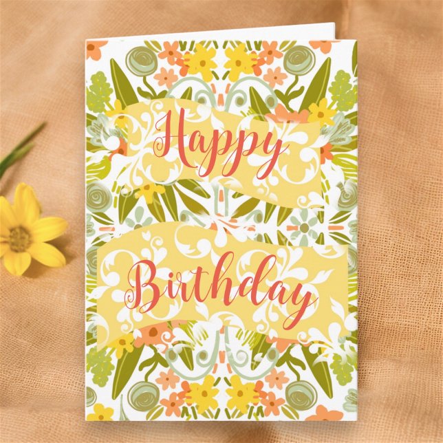 Tarjeta Naranja floral Amarillo Original Arte Feliz Cumple (Original Art Birthday Card by Artist © Cathy Thompson. Personalize inside with your own message.)
