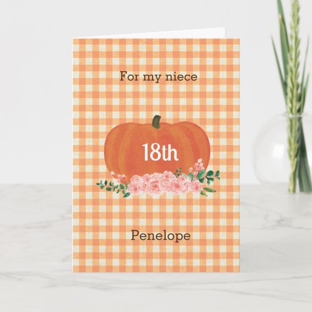 Tarjeta Naranja Gingham Pumpkin Fall Cumpleaños Niece (Anverso)