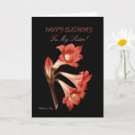 Tarjeta Naranja Lily Sister Cumpleaños<br><div class="desc">Te has encontrado con las más bellas tarjetas de felicitación floral de Zazzle. Una llamativa imagen de una flor colorida sobre un fondo negro, con saludos apropiados para una ocasión. No sólo el frente es hermoso, la parte trasera también tiene una foto de la flor delantera. Cuando el destinatario termine,...</div>