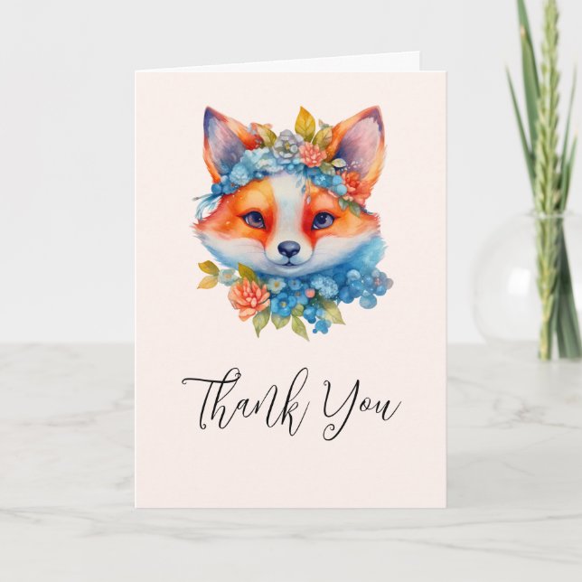 Tarjeta Naranja lindo Fox con corona floral gracias (Anverso)