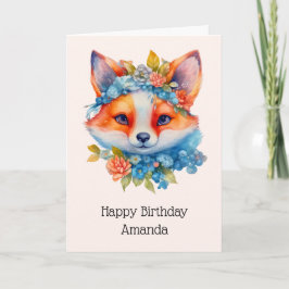 Tarjeta Naranja lindo Fox con cumpleaños de corona floral