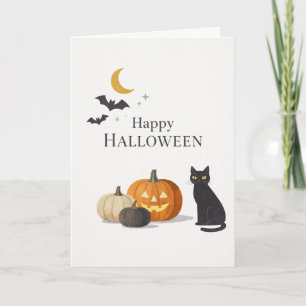 Tarjeta Naranja minimalista Calabaza Gato negro Halloween