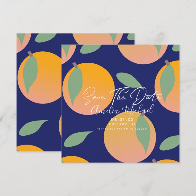 Tarjeta Naranja Moderna Botánica Azul Salvar la Fecha (Anverso / Reverso)