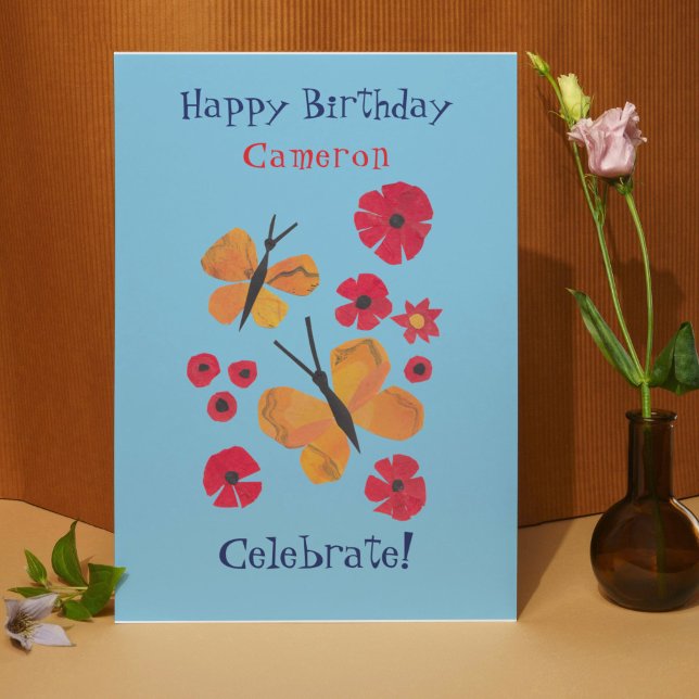 Tarjeta Naranja moderno de mediados del siglo XX Mariposa  (This pretty sky blue birthday card features my own artwork of orange butterflies and red poppies.)