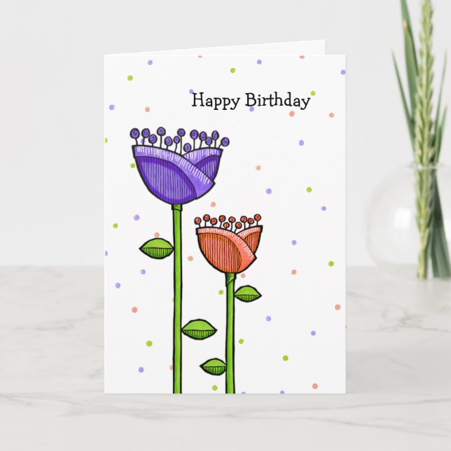 Tarjeta naranja morado Doodle Flowers (Anverso)