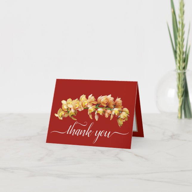 Tarjeta Naranja Orquídeas Amarillas Fondo Rojo Gracias (Anverso)