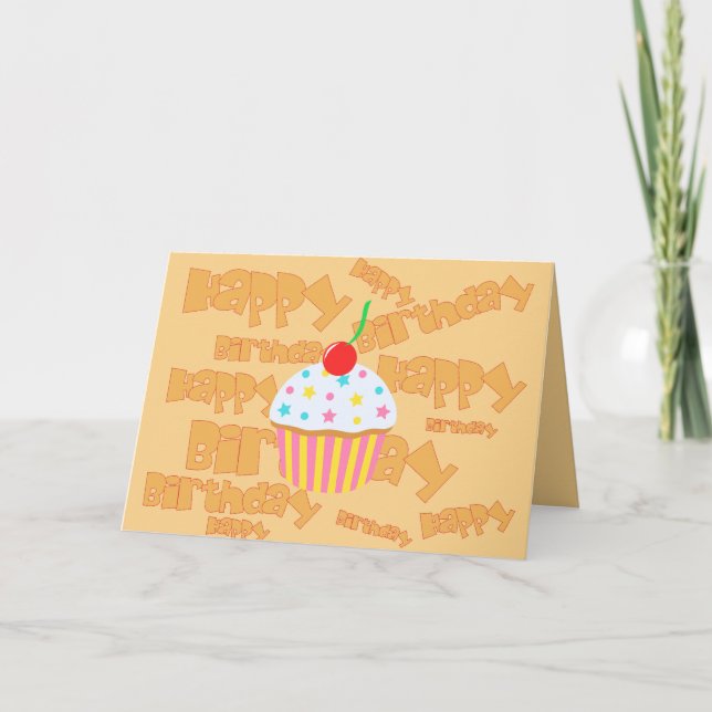 Tarjeta Naranja pálido feliz cumpleaños con torta (Anverso)