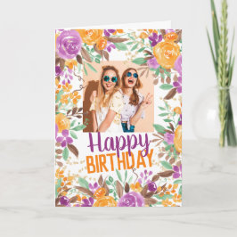 Tarjeta Naranja púrpura caída floral feliz foto de cumplea