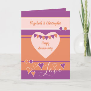 Tarjeta Naranja púrpura con corazones y aniversario de ama