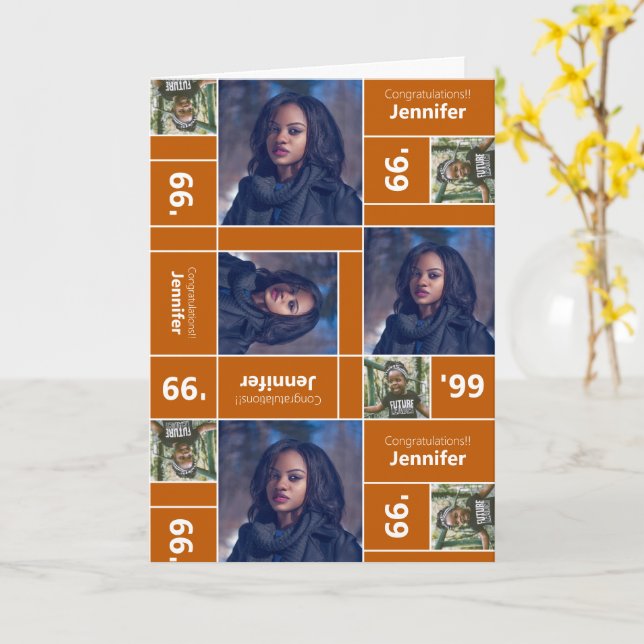 Tarjeta Naranja Quemado de Año de Graduación de Fotografía (flor amarilla)