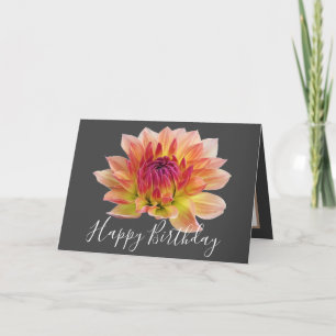 Tarjeta Naranja Red Dahlia Flor Fondo de color gris cumple