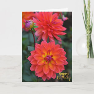 Tarjeta Naranja, rojo, flor dahlia amarilla feliz cumpleañ