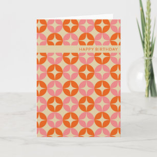Tarjeta Naranja Rosa Cute Mid Mod Cumpleaños Geométrico