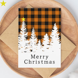 Tarjeta Naranja Rústico Cuadro Búfalo Bosque Feliz Navidad