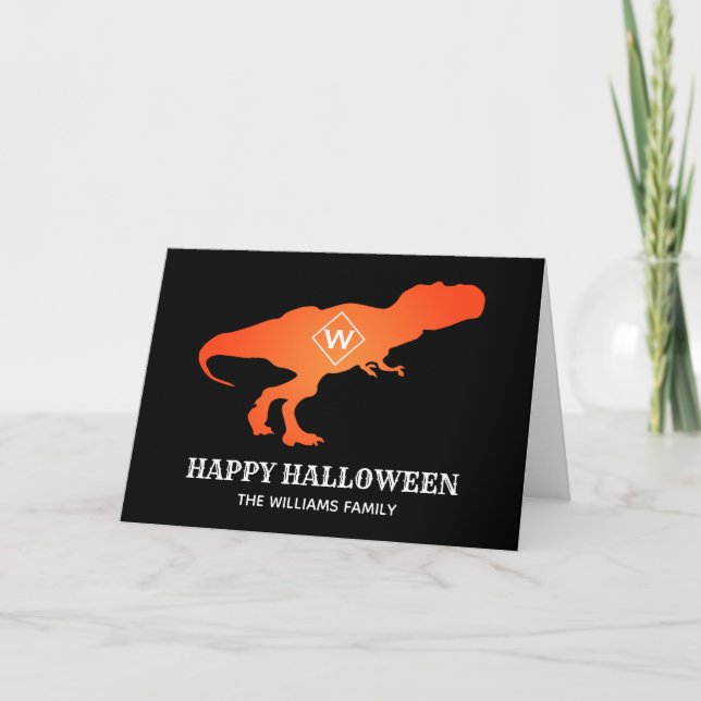 Tarjeta Naranja T Rex Happy Halloween Cústome (Anverso)