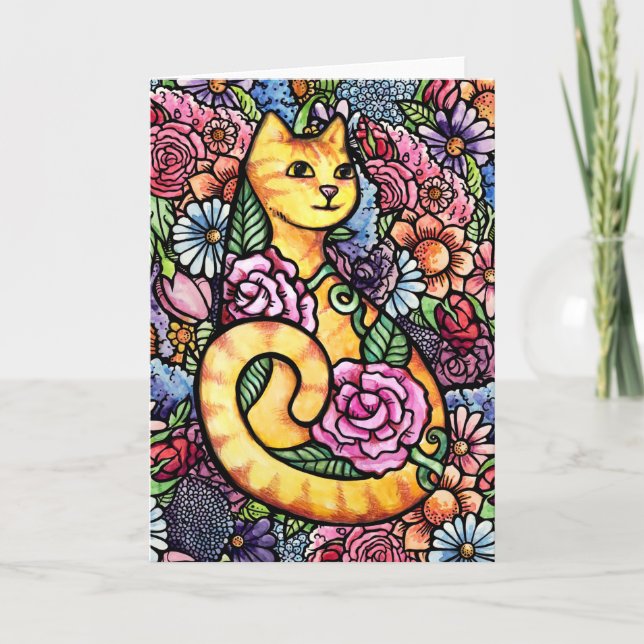 Tarjeta Naranja Tabby Cat Flower Garden (Anverso)
