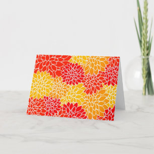 Tarjeta naranja y dahlias rojas