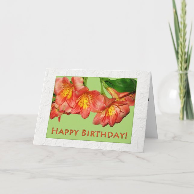 Tarjeta Naranja y Flores de Peach Feliz cumpleaños (Anverso)