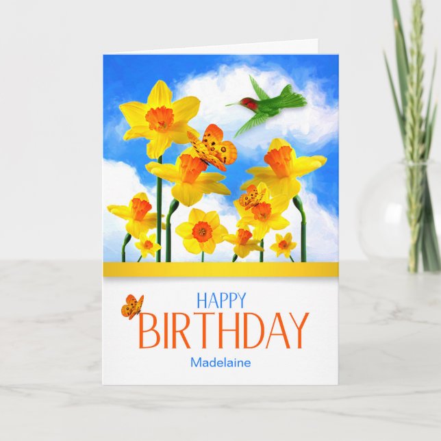 Tarjeta Narcisos y colibrí de encargo del cumpleaños (Anverso)