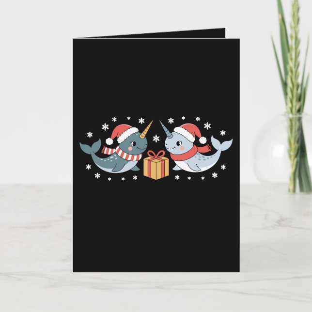 Tarjeta Narval de Navidad Sombrero de Santa Bufanda Copos  (Anverso)