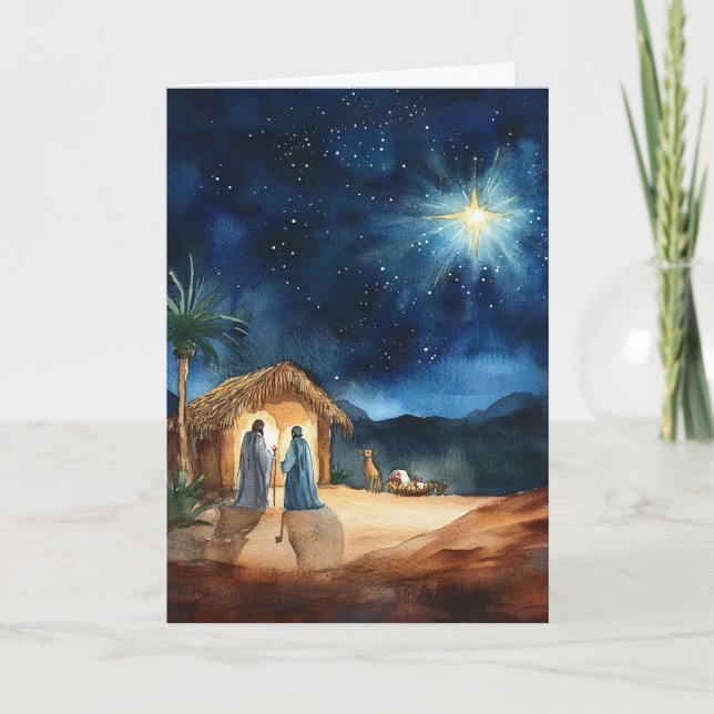 Tarjeta Natividad acuarela con estrella de Navidades guía (Anverso)