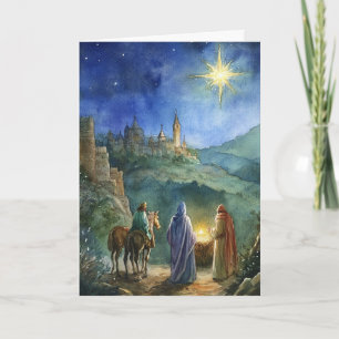 Tarjeta Natividad acuarela con estrella de reyes y Navidad