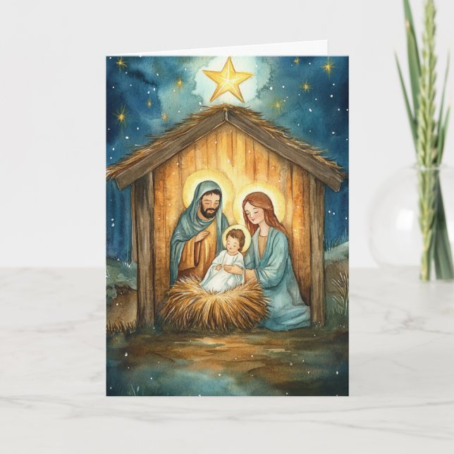 Tarjeta Natividad acuarela, radiación estelar Navidades (Anverso)