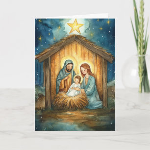 Tarjeta Natividad acuarela, radiación estelar Navidades