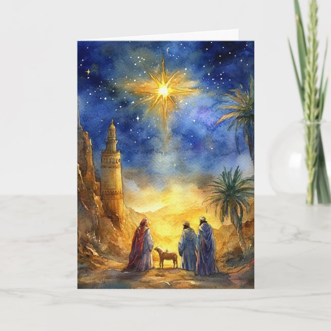Tarjeta Natividad de noche sagrada acudida acuarela (Anverso)
