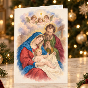 Tarjeta Natividad Vintage y Ángeles Navidad Católica