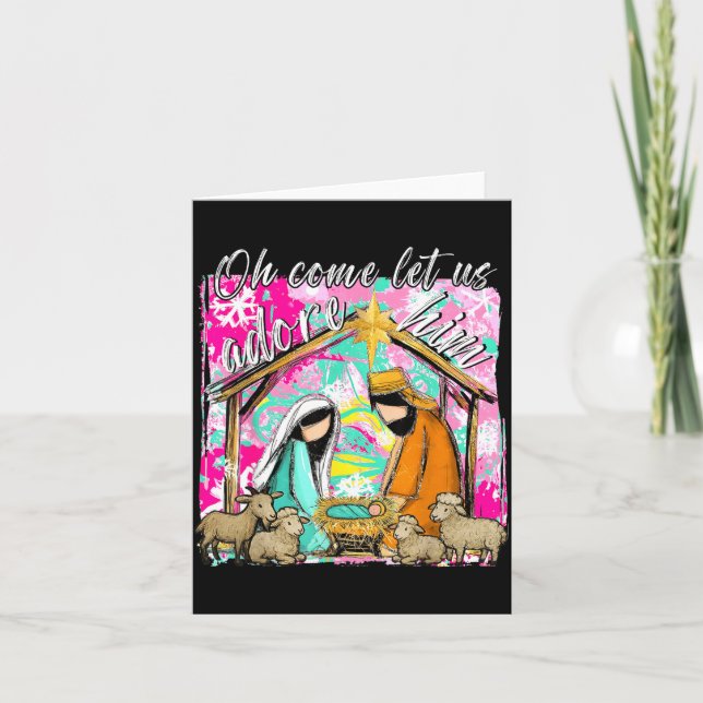 Tarjeta Nativity Scene Oh Come Let Us Adore Him Christmas  (Anverso)