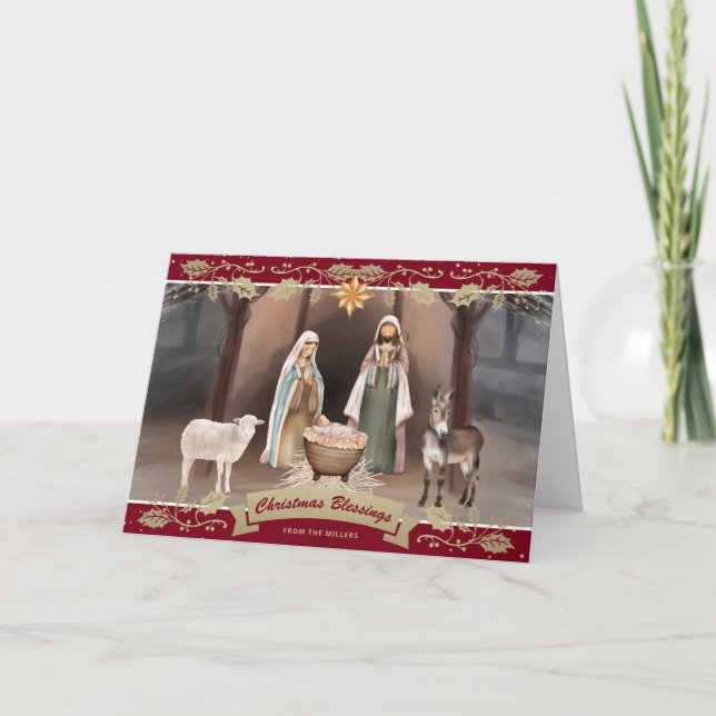 Tarjeta Nativity Scene Star of Bethlehem Red Holiday (Anverso)