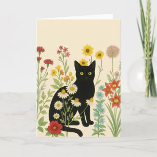 Tarjeta Naturaleza Botánica – Gato Negro en Jardín de Flor