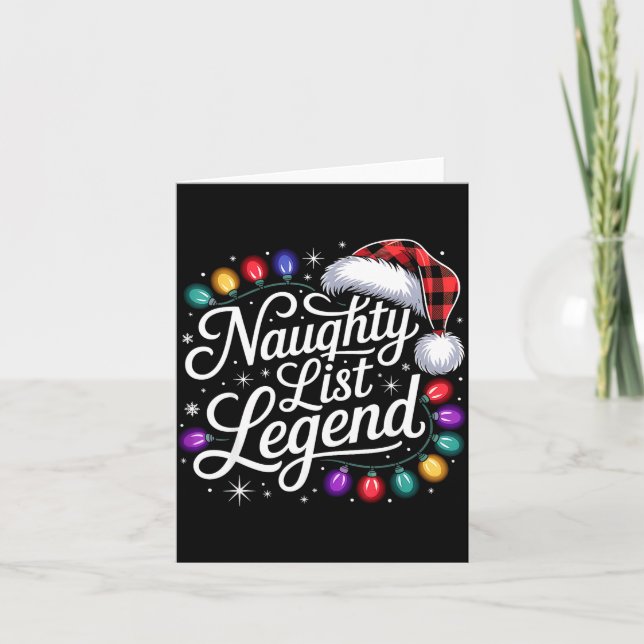Tarjeta Naughty List Legend Xmas Lights Buffalo Plaid Red  (Anverso)