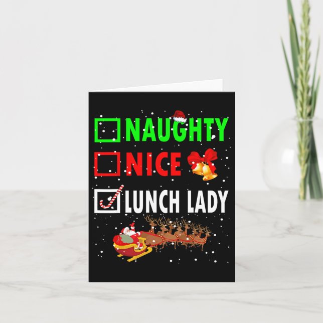 Tarjeta Naughty Nice Lunch Lady Navidades divertidos Santa (Anverso)