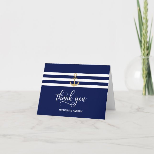Tarjeta Nautical Navy Blue Gold Anchor Gracias Boda (Anverso)