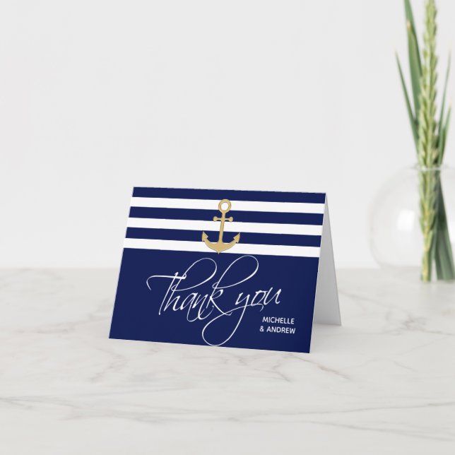Tarjeta Nautical Navy Blue Gold Anchor Gracias Boda (Anverso)